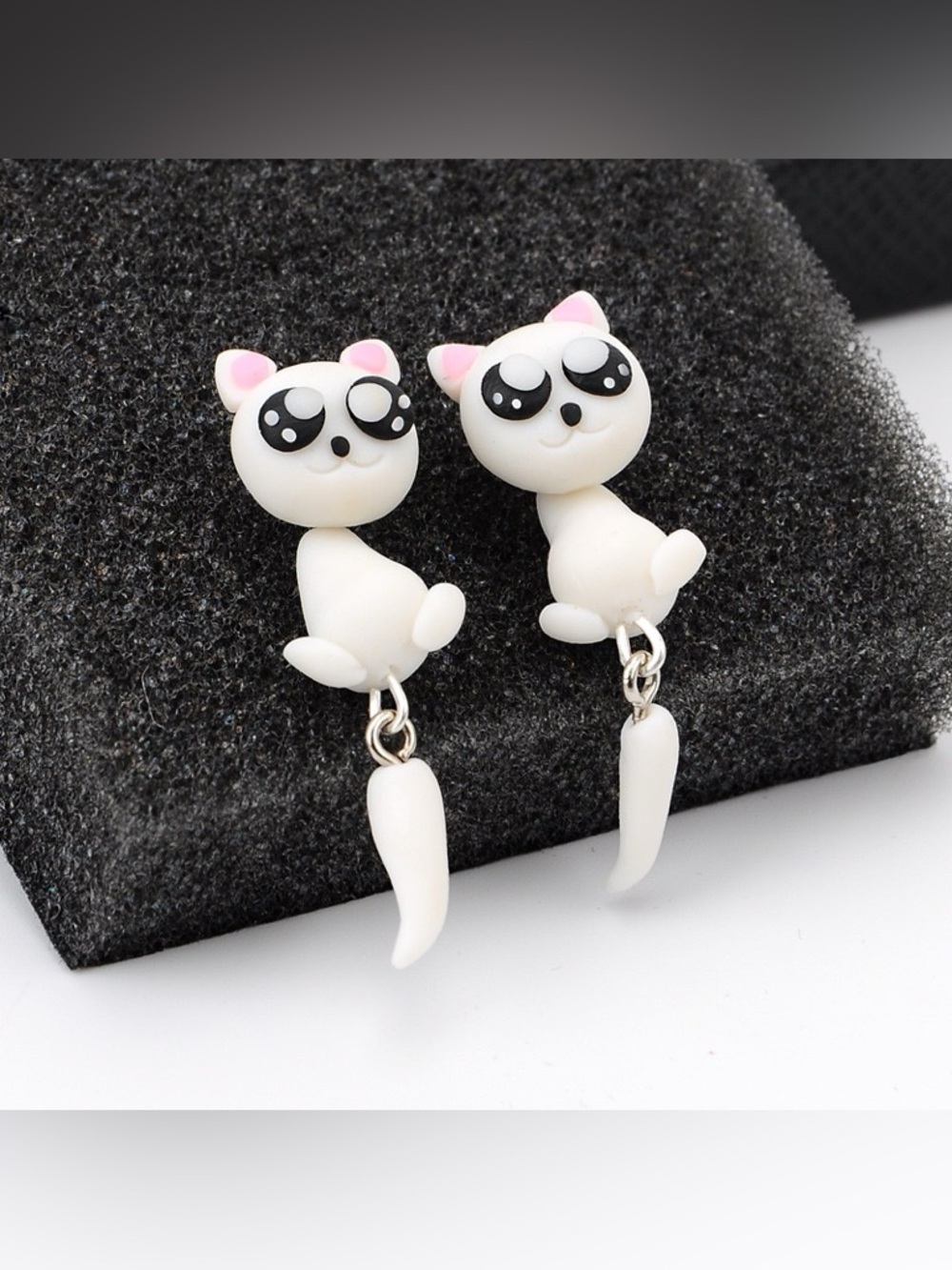 Cute White Cat Dangle Earrings with Pink Ear Accents